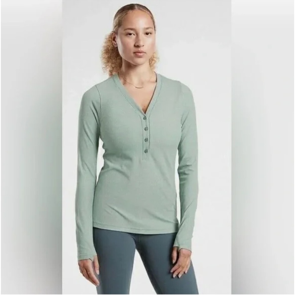 🟣4/$20 Athleta Uptempo Ribbed Henley Tee Green Gray S